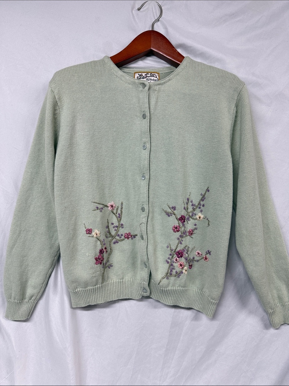 Pastel Mint Floral Embroidered Button-Front Cardigan